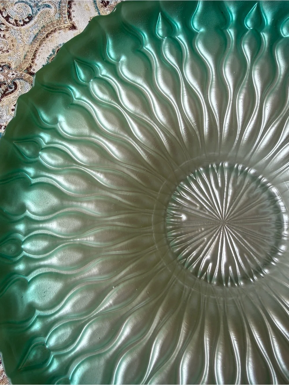 Frosted Art Glass Serving Bowl Aqua Green Ombre Centerpiece Dish 12 Inch